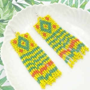 🌼 Yellow Green Orange Seed Bead Handmade Tassel Dangle Earrings